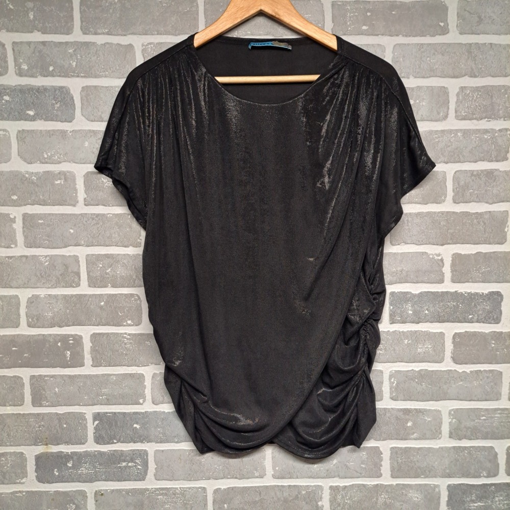 alice Olivia Womens Satin Black Wrap Blouse‎ Size Small